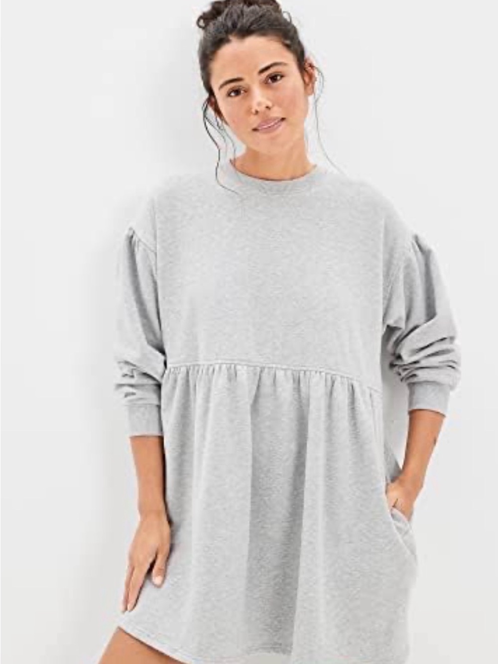 EUC American Eagle Womens Long-Sleeve Fleece Babydoll Mini Dress Grey Size Small